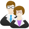 Male and female wearing suits and glasses