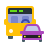 Yellow bus and purple car