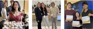 Student with tray of ice cream cups; Dean with two students in a classroom; Three students holding certificates.
