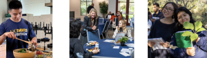 Student preparing a salad; Dean talking with students at a table; two students with plant leaves and notebooks.