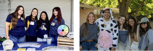 Students at a table with college merchandise; Group of students, one dressed in a cow costume.